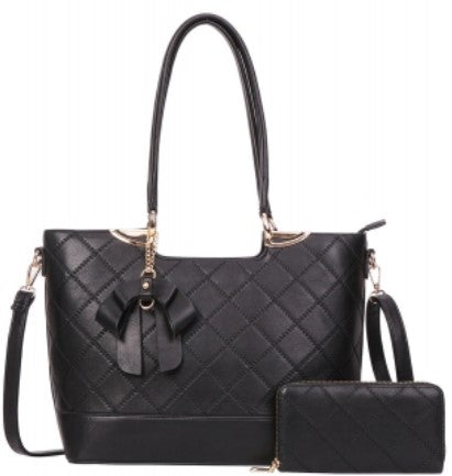 2 In1 Quilt Stylish Chic Handbag & Wallet Set - Black