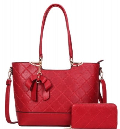 2 In1 Quilt Stylish Chic Handbag & Wallet Set - Red