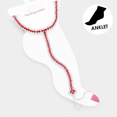 Crystal Rhinestone Net Toe Ring Evening Anklet - Red