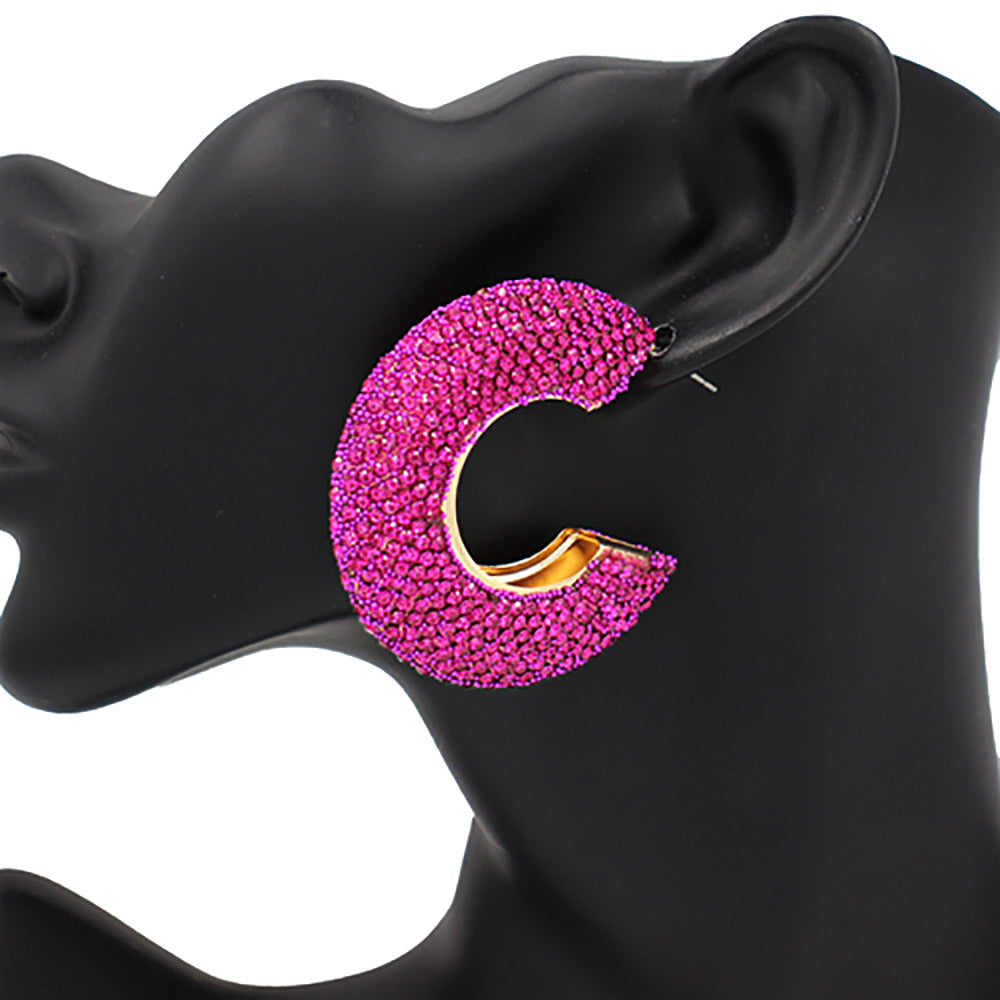 Rhinestone Evening Hoops - Hot Pink