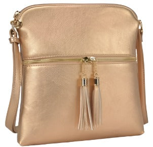 Tassel Zipper Pocket Accent Crossbody Messenger bag - Rose Gold