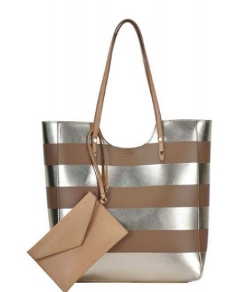 2 In1 Modern Striped Fashion Tote Bag - Silver/Nude