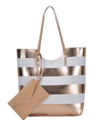 2 in 1 Modern Striped Fashion Tote Bag - White/Gold