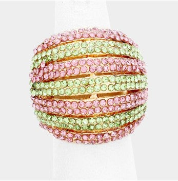 Crystal Rhinestone Pave Dome Ring - Pink and Green