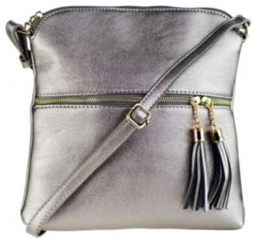 Tassel Zipper Pocket Accent Crossbody Messenger bag - Silver